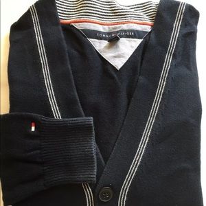Tommy Hilfiger Men's Button down Sweater Cardigan Large Navy Blue white cotton